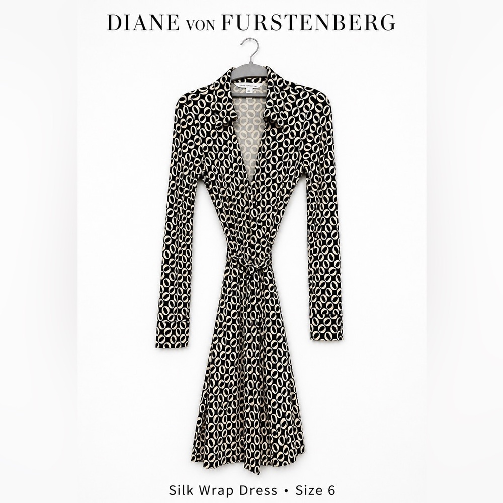 Diane von Furstenberg Jeanne Silk Wrap Dress Black & Ivory Size 6